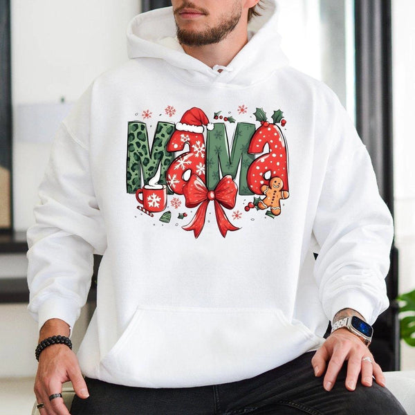 Festive Holiday Mama Sweatshirt, Retro Leopard Print Christmas Mama Hoodie, Adorable Comfy Mom Hooded Pullover, Xmas Winter M