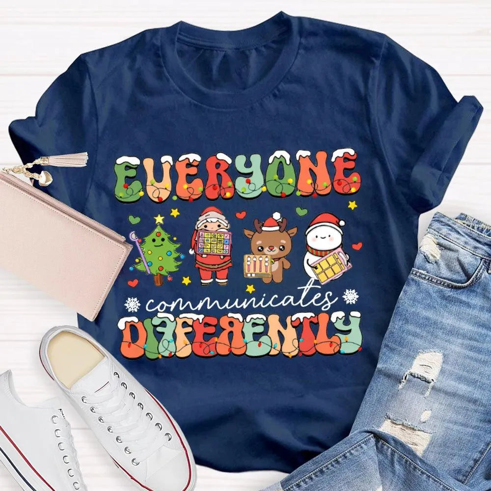Festive Lights Neurodiversity Tee, Everyone Communicates Differently Christmas Shirt, SPED Teacher Holiday T-Shirt, ASL Xmas 