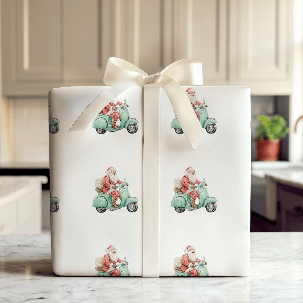 Mint Green Holiday Gift Wrap, Retro Santa Scooter Wrapping Paper, Adorable Christmas Wrapping Paper, Whimsical Winter Wrappin