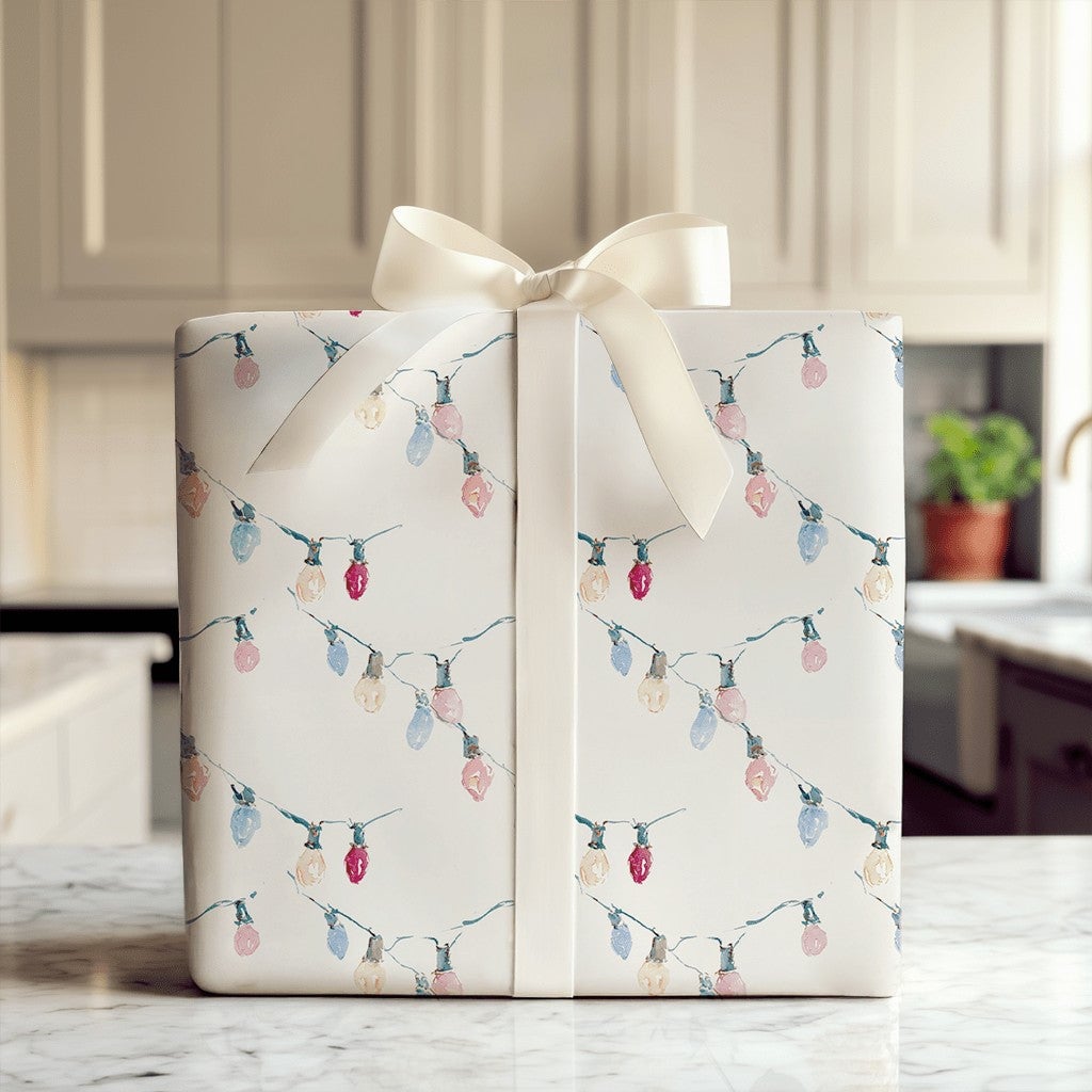 Pastel Holiday String Light Gift Wrap, Watercolor Christmas Lights Wrapping Paper, Festive Xmas Paper, Winter Present Wrappin