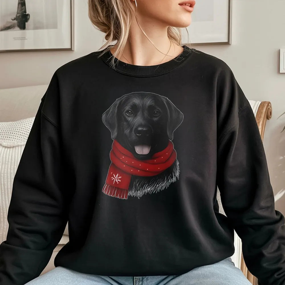 Festive Black Lab Crewneck, Black Labrador Christmas Sweatshirt, Adorable Red Scarf Dog Sweatshirt, Winter Dog Lover Sweater,