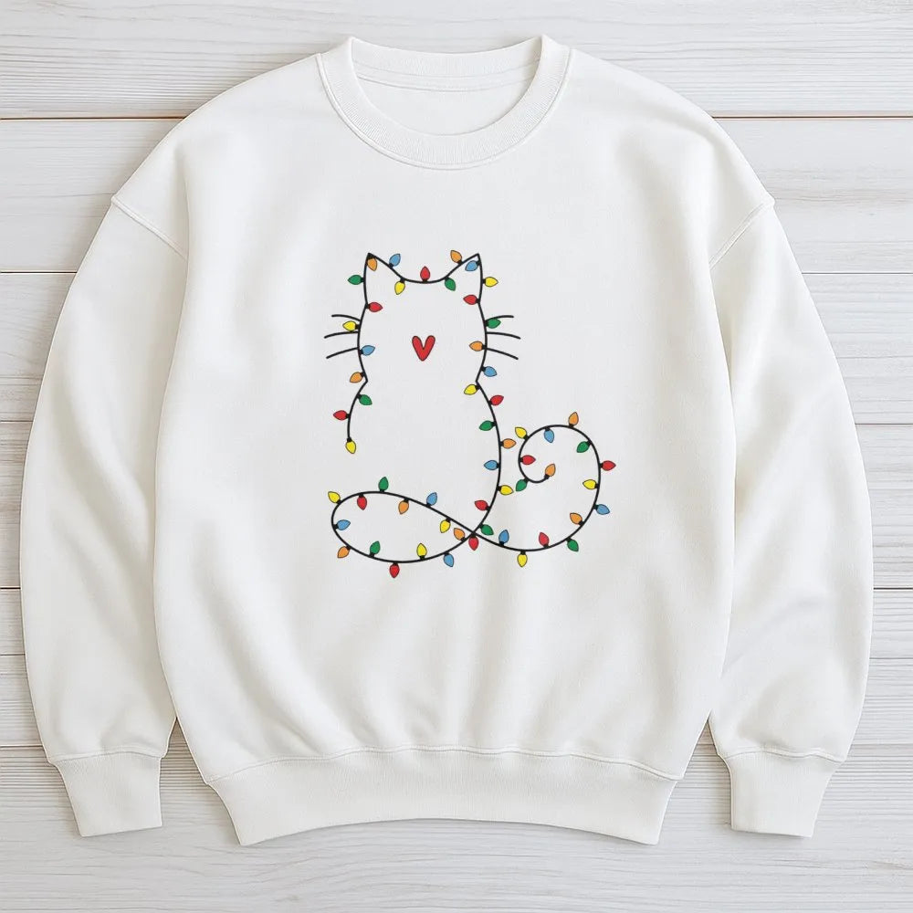 Festive Kitten Holiday Crewneck, Cat Christmas Lights Sweatshirt, Adorable Pet Lover Winter Sweater, Comfy Xmas Party Present