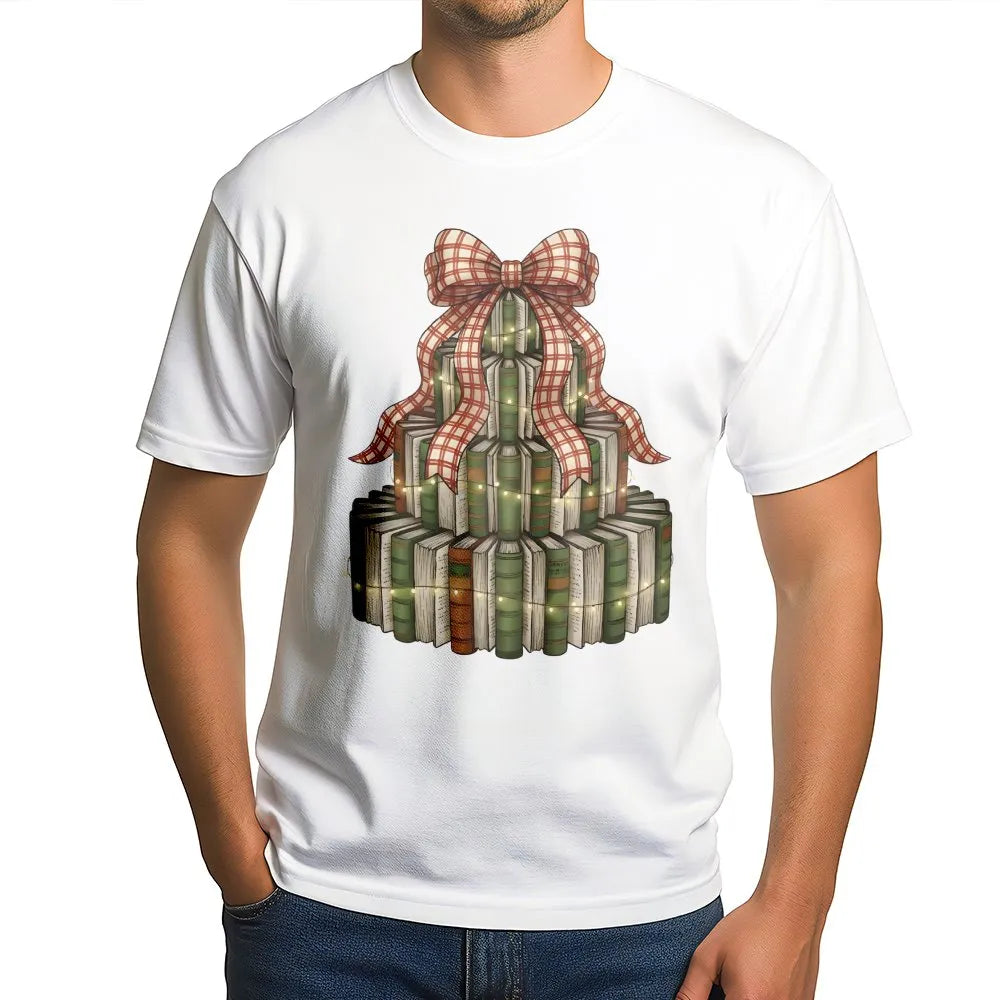 Festive Librarian Reading Graphic Tee, Christmas Book Tree T-Shirt, Book Lover Holiday Shirt, Adorable Reader Teacher Christm