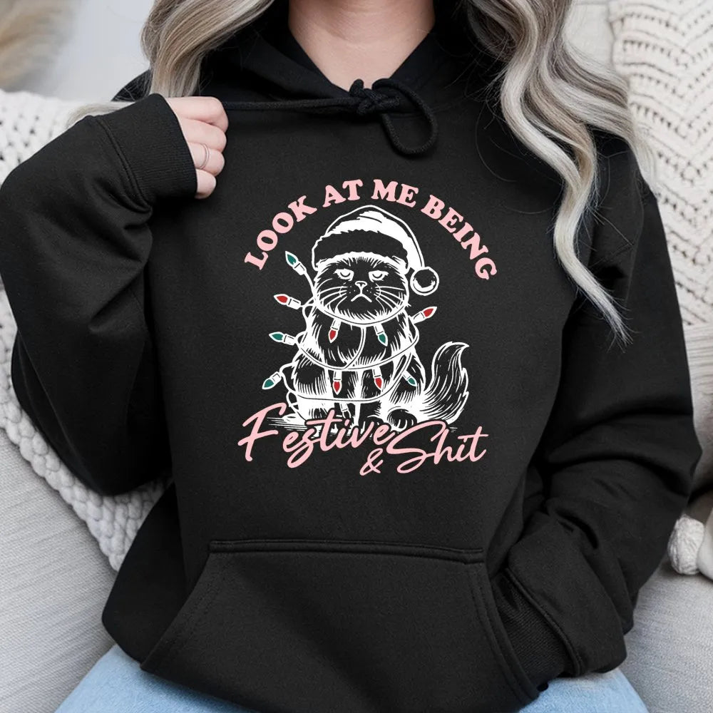 Grumpy Kitten Holiday Hoodie, Humorous Christmas Cat Hoodie, Sarcastic Xmas Animal Sweatshirt, Adorable Cat Lover Pullover Ho