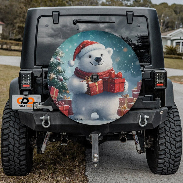 Christmas Santa Hat Wheel Cover, Winter Wonderland Polar Bear Spare Tire Cover, Festive Holiday Tire Protector, Jeep SUV Wint