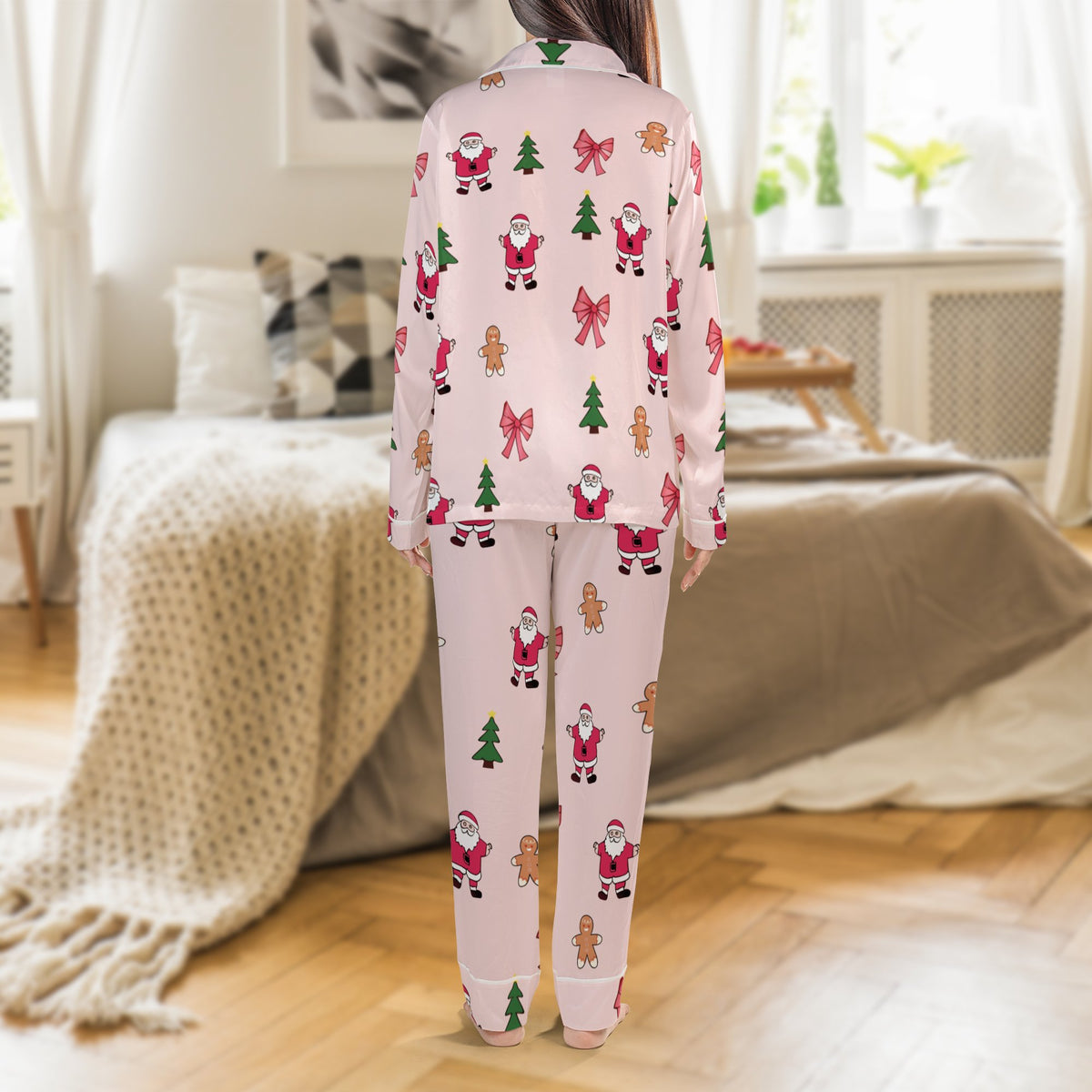 Santa Gingerbread Pajamas, Christmas Satin Pajamas Set, Silky Holiday Sleepwear, Festive Winter Loungewear Set, Holiday Prese