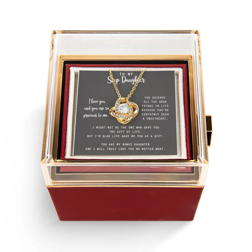 Love Knot Necklace with Rotating Rose Box, Step Daughter Present, Gold Finish Love Knot Pendant Jewelry, Birthday Christmas P