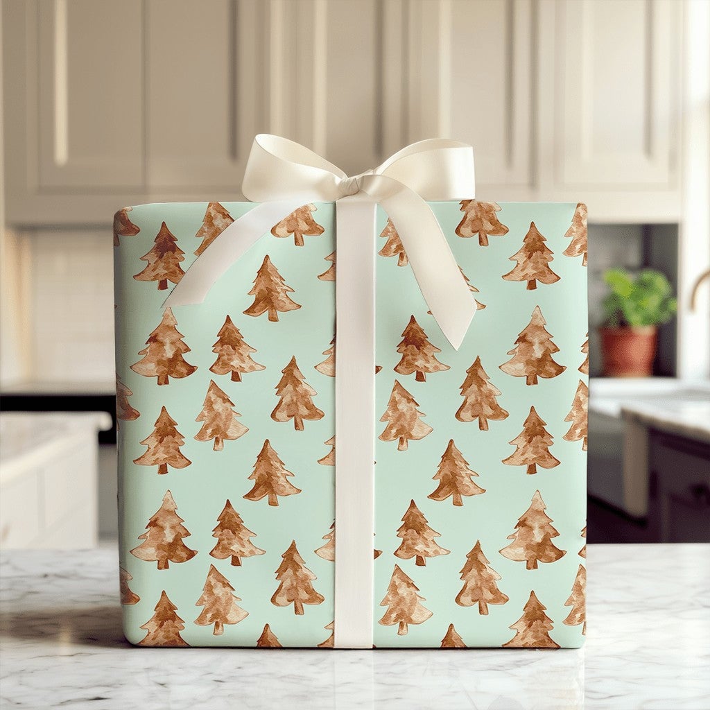Rustic Pine Tree Gift Wrap Roll, Watercolor Christmas Tree Wrapping Paper, Mint Green Holiday Present Paper, Minimalist Winte
