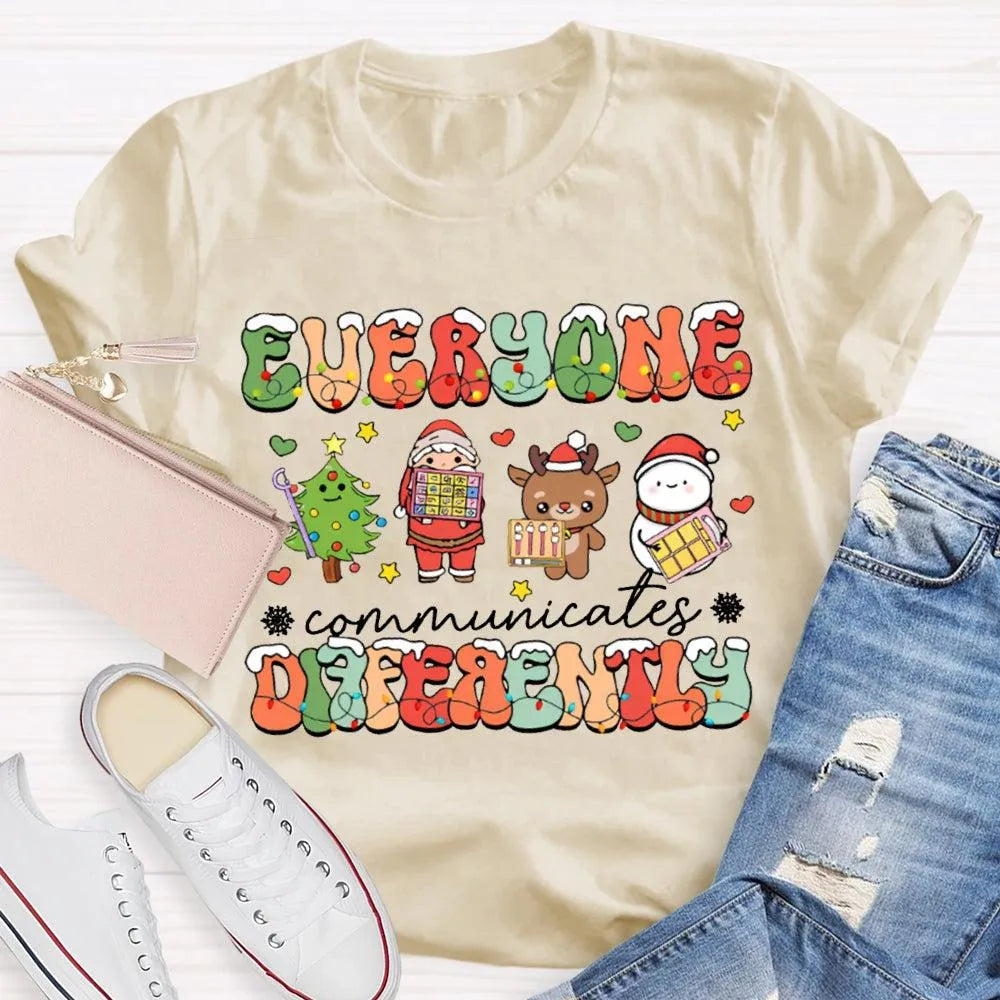 Festive Lights Neurodiversity Tee, Everyone Communicates Differently Christmas Shirt, SPED Teacher Holiday T-Shirt, ASL Xmas 