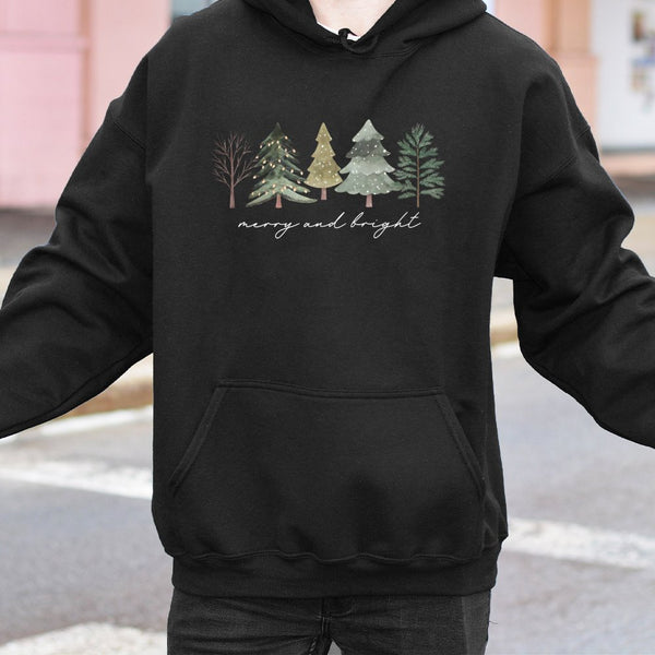 Watercolor Xmas Tree Hoodie, Merry and Bright Christmas Tree Hoodie, Minimalist Holiday Hoodie, Comfy Winter Graphic Hooded S