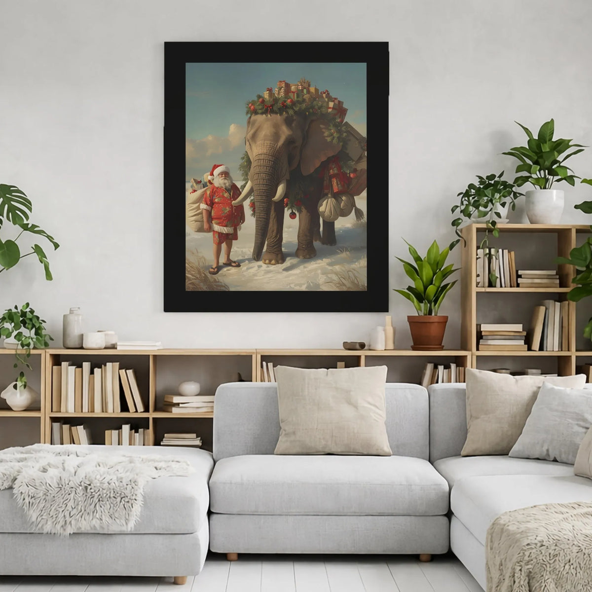 Whimsical Holiday Animal Canvas Art, Tropical Santa Claus Elephant Canvas, Festive Safari Christmas Canvas Print, Winter Wild