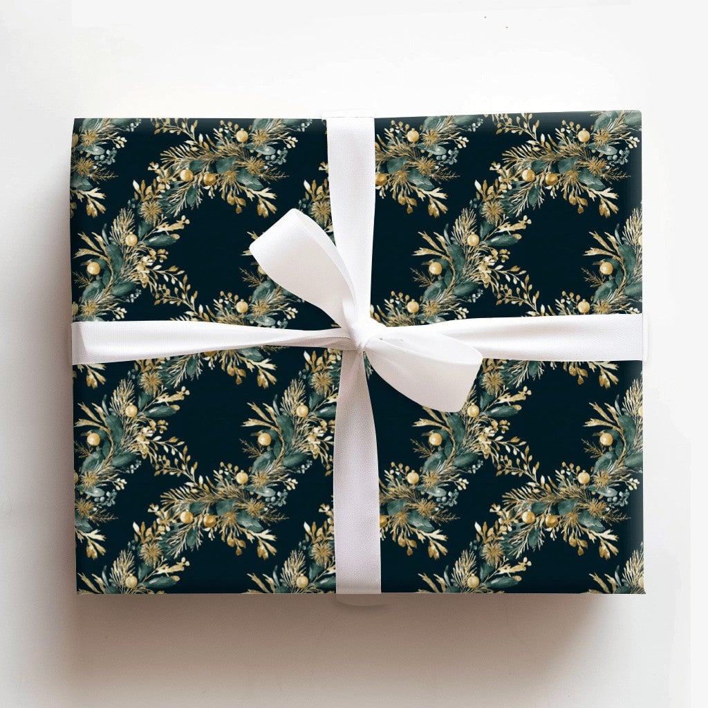Elegant Gold Green Gift Wrap Roll, Botanical Wreath Christmas Wrapping Paper, Winter Holiday Present Paper, Dark Floral Gift 