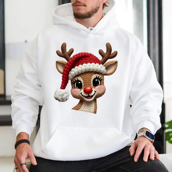 Faux Knit Red Nose Reindeer Hoodie, Reindeer Christmas Hoodie, Adorable Holiday Reindeer Graphic Hooded Sweatshirt, Xmas Pres