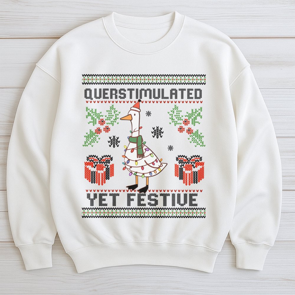 Humorous Christmas Bird Sweater, Overstimulated Yet Festive Goose Sweatshirt, Quirky Holiday Goose Crewneck, Duck Lover Xmas 