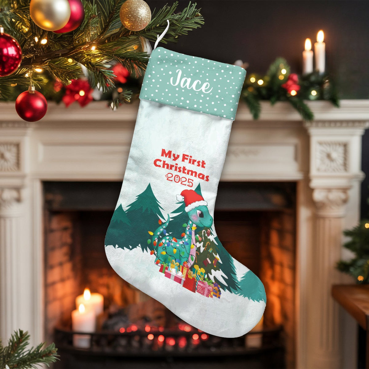 Baby First Christmas Stocking, Personalized Dinosaur Christmas Stocking, Custom Name Dino Holiday Stocking, Adorable Baby Sho