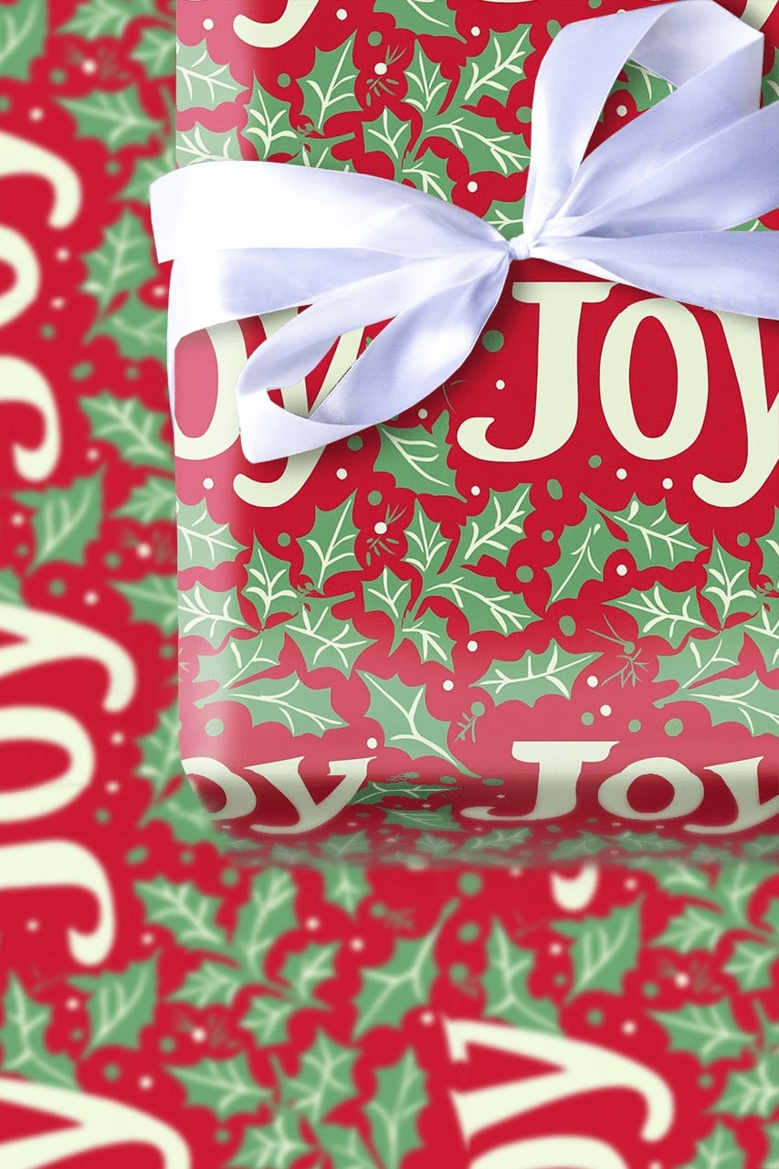 Red Holly Berry Gift Wrap, JOY Christmas Wrapping Paper, Festive Holiday Wrapping Paper, Xmas Gift Wrap Roll, Winter Present 