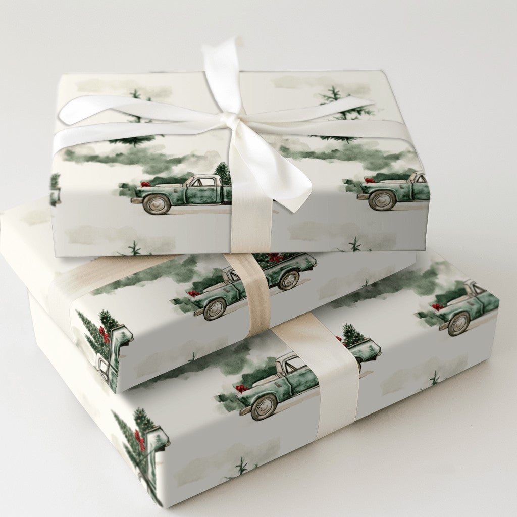 Farmhouse Tree Gift Wrap, Vintage Green Truck Christmas Wrapping Paper, Rustic Pine Holiday Wrapping Paper, Winter Present Gi