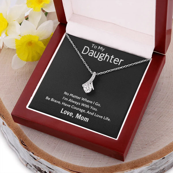 Ribbon Pendant Necklace, Daughter Necklace from Mom, 14k White Gold Finish Sparkle Necklace, Birthday Present for Daughter, C