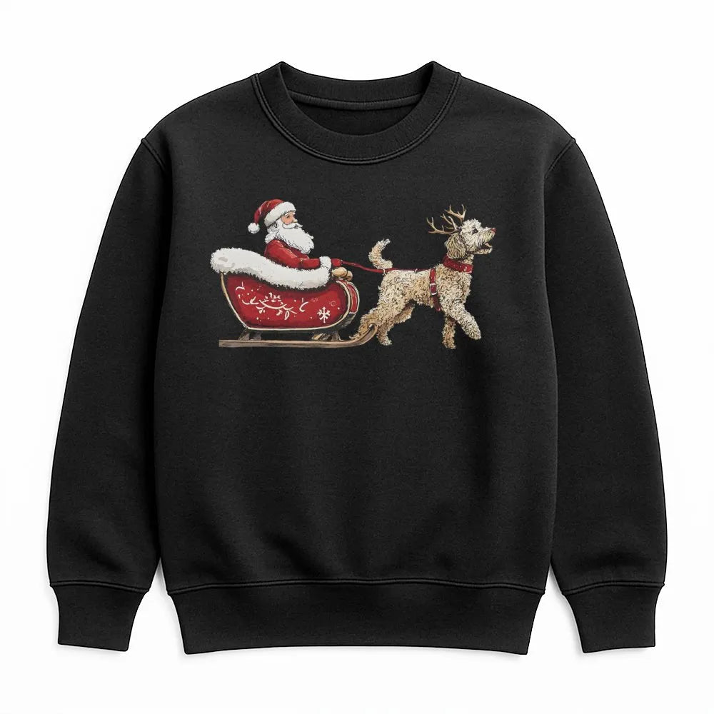 Santa Sleigh Dog Lover Sweatshirt, Goldendoodle Christmas Sweatshirt, Adorable Xmas Puppy Graphic Crewneck, Holiday Pet Owner