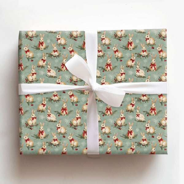 Woodland Rabbit Holiday Gift Wrap, Vintage Christmas Bunny Wrapping Paper, Sage Green Winter Wrapping Paper, Rustic Holiday G