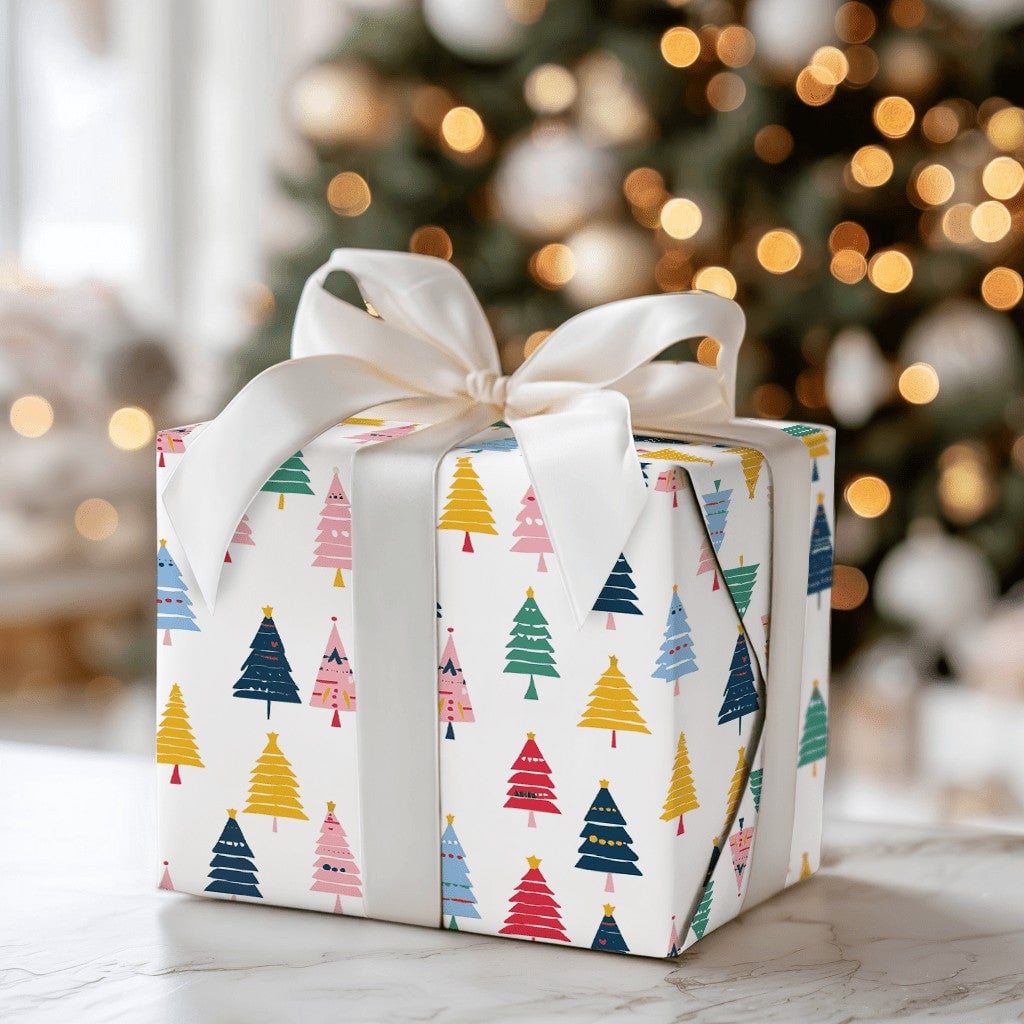 Modern Rainbow Xmas Tree Gift Wrap, Colorful Christmas Tree Wrapping Paper, Whimsical Holiday Wrapping Paper, Festive Present