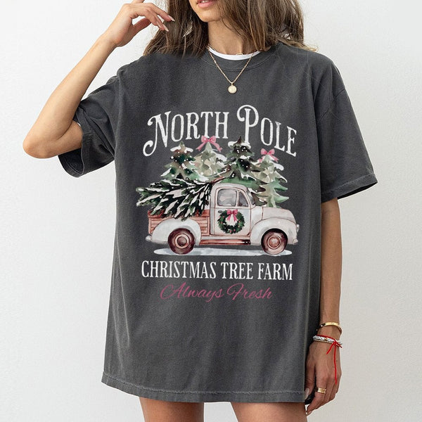 Vintage Truck Holiday Graphic Tee, North Pole Christmas Tree Farm T-Shirt, Christmas Tree Farm Shirt, Rustic Winter T-Shirt, 