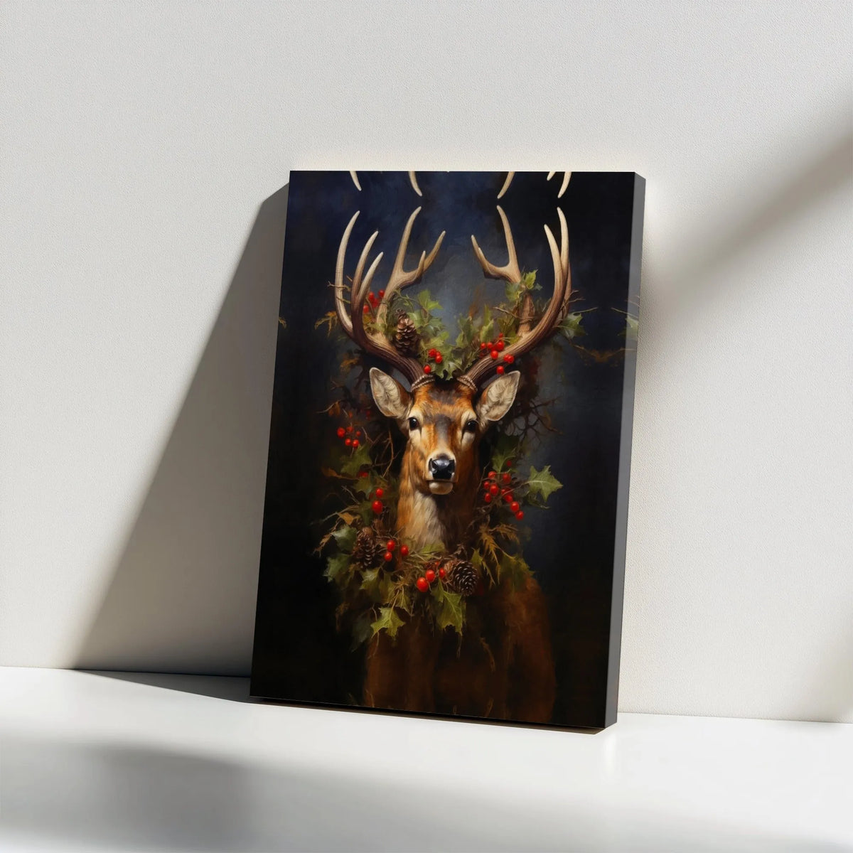 Rustic Deer Holly Wreath Print, Christmas Stag Canvas Wall Art, Holiday Winter Wildlife Canvas Painting Home Decor