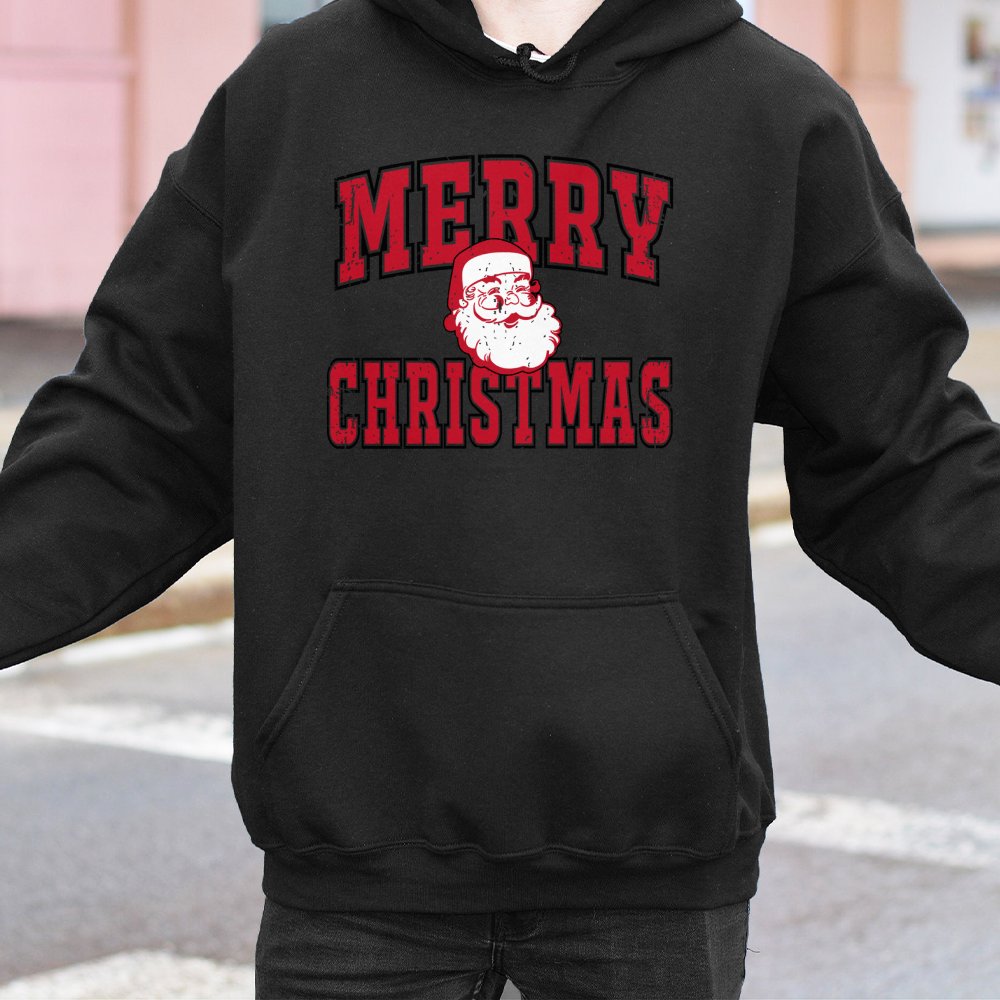 Vintage Santa Hooded Sweatshirt, Merry Christmas Santa Hoodie, Retro Christmas Graphic Hoodie, Comfy Holiday Pullover Hoodie 