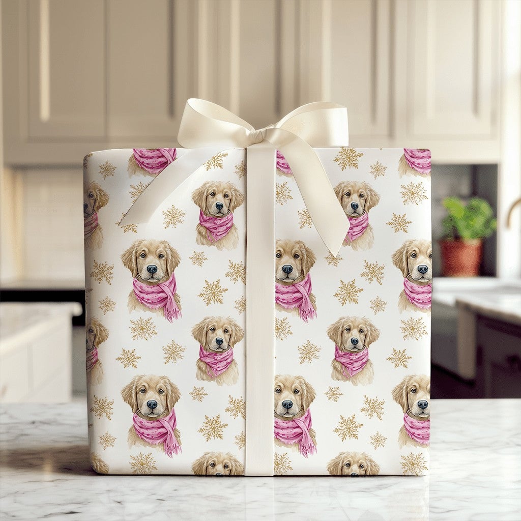 Puppy with Pink Scarf Christmas Gift Wrap, Golden Retriever Wrapping Paper, Watercolor Dog Wrapping Paper, Holiday Pet Gift W