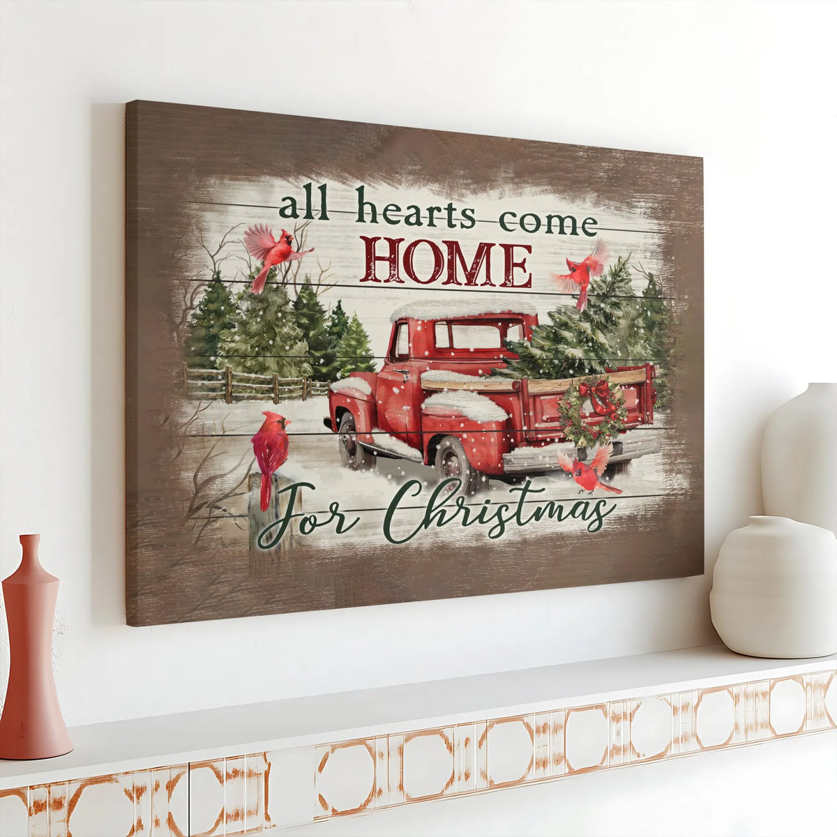 Vintage Red Truck Canvas Print, All Hearts Come Home for Christmas Canvas Wall Art, Holiday Cardinal Wall Decor, Farmhouse Xm