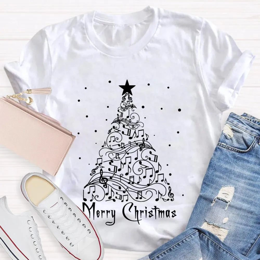 Sheet Music Holiday Tree T-Shirt, Music Teacher Christmas Shirt, Musical Notes Graphic Tee, Choir Director Christmas Present 