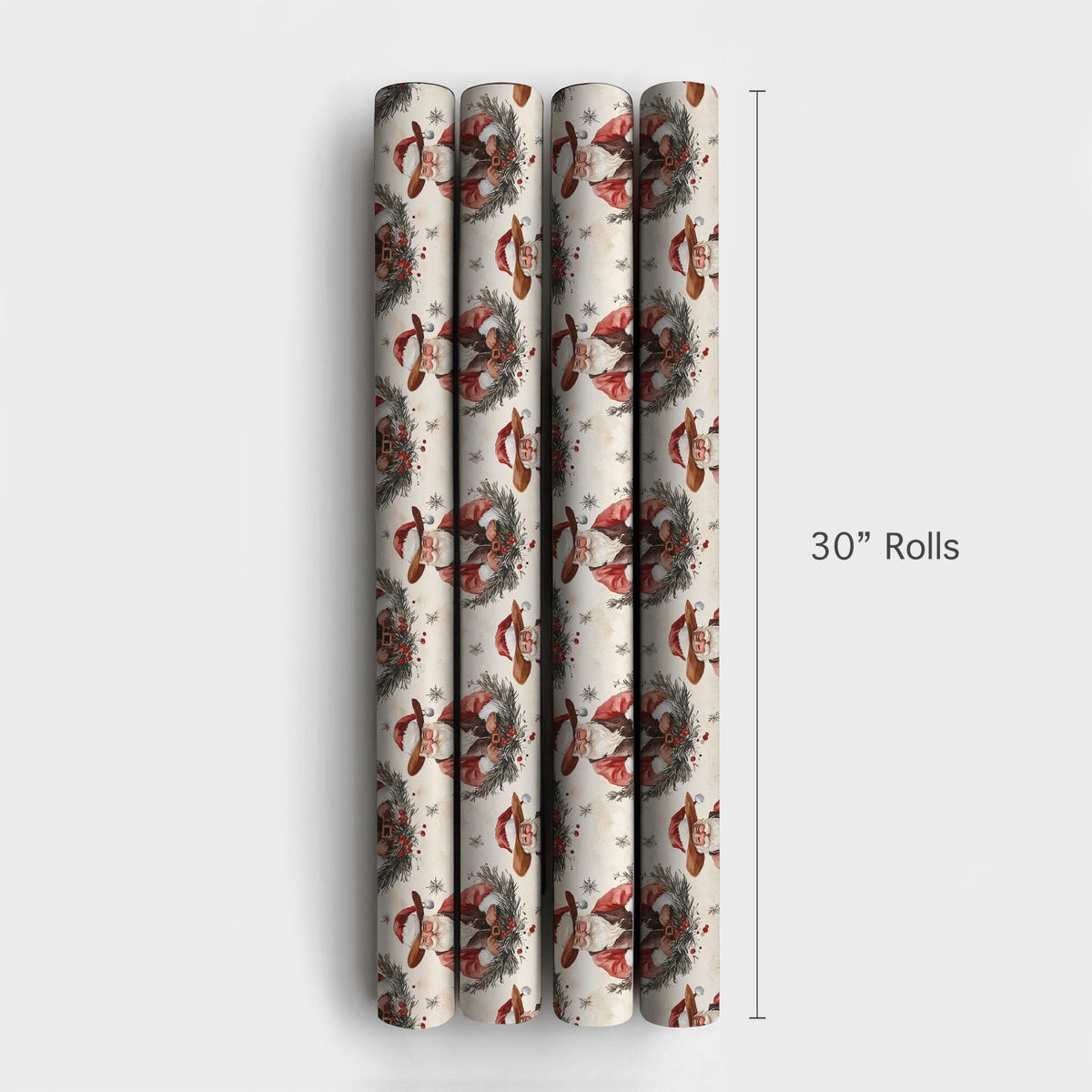 Watercolor Country Christmas Gift Wrap, Rustic Cowboy Santa Wrapping Paper, Western Santa Wreath Holiday Paper, Vintage Xmas 