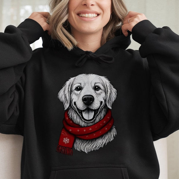 Adorable Dog Red Scarf Hoodie, Golden Retriever Christmas Hoodie, Festive Retriever Winter Hooded Sweatshirt, Pet Lover Holid