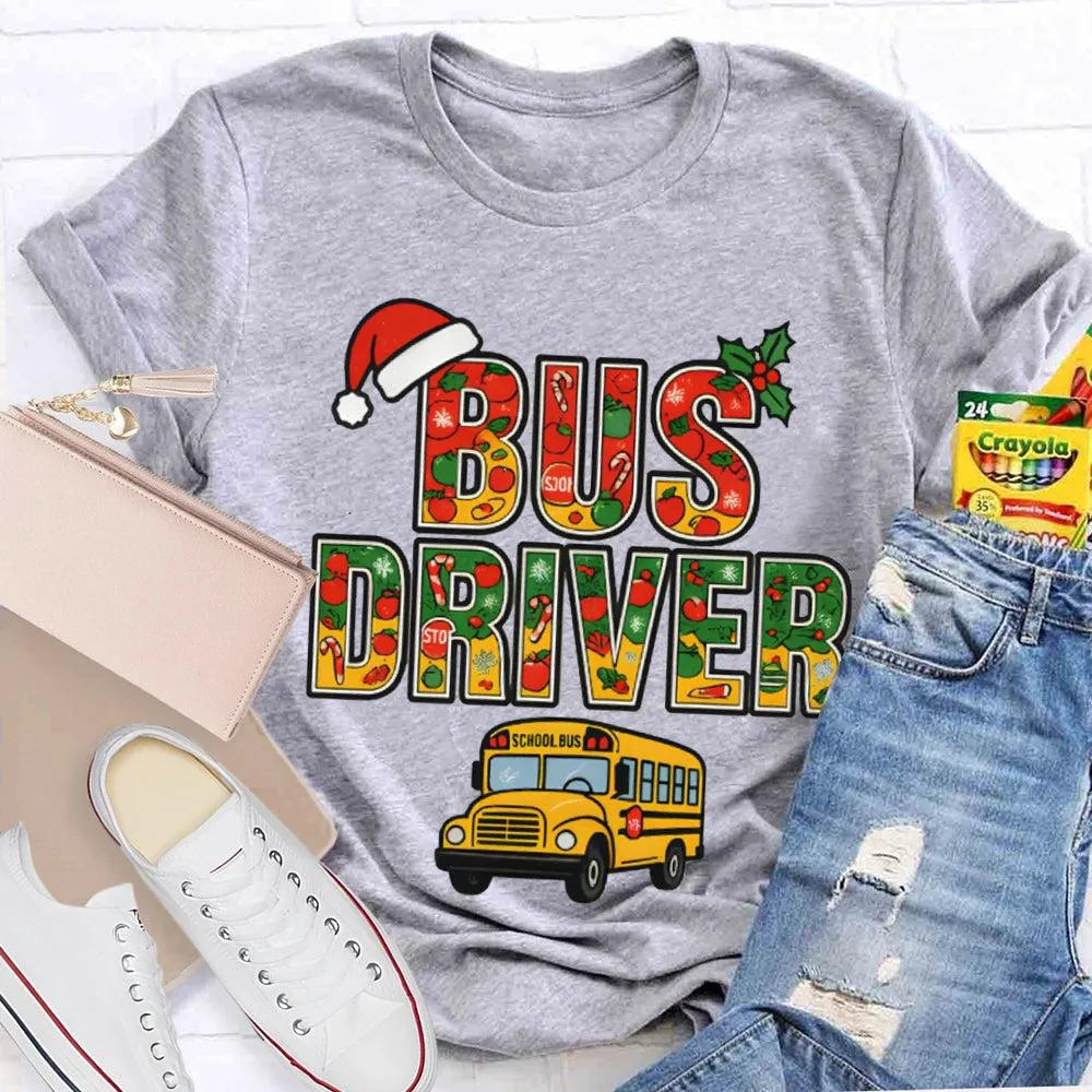 Santa Hat Bus Driver Graphic Tee, School Bus Driver Christmas T-Shirt, Humorous Holiday Driver Shirt, Transportation Staff Xm