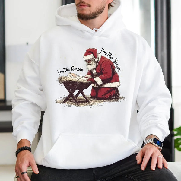 Santa Kneeling Nativity Sweatshirt, Jesus Is the Reason Christmas Hoodie, Christian Holiday Graphic Pullover, Faith Religious