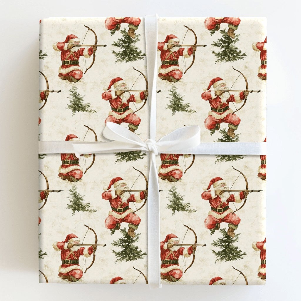 Watercolor Bow and Arrow Santa Gift Wrap, Santa Archer Wrapping Paper, Hunter Santa Christmas Wrapping Paper, Archery Holiday