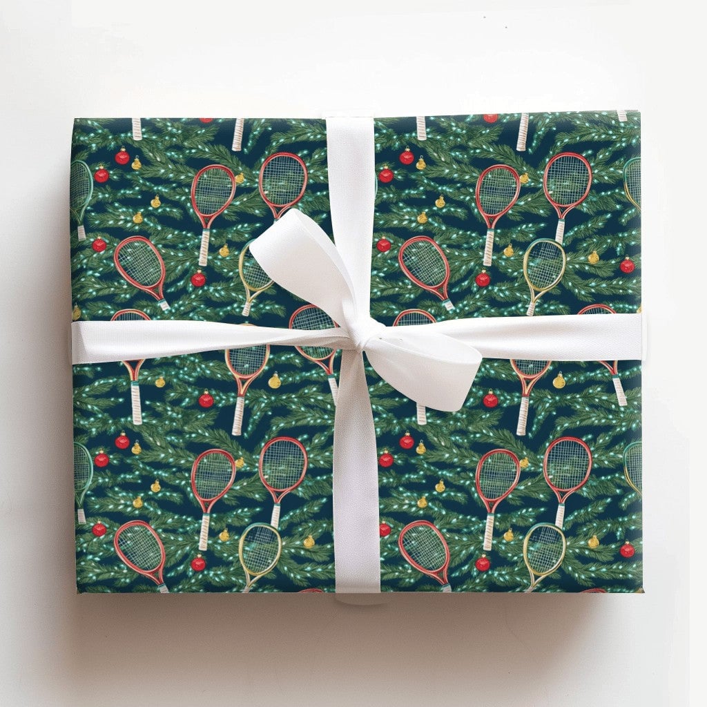 Racket and Ornament Gift Wrap, Tennis Christmas Wrapping Paper, Festive Sports Holiday Wrapping Paper, Tennis Player Xmas Gif