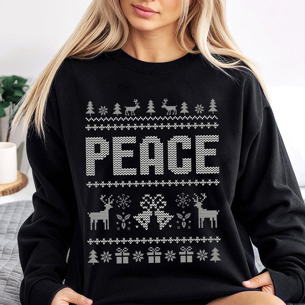 Reindeer Snowflake Holiday Sweater, Peace Ugly Christmas Sweatshirt, Matching Xmas Crewneck, Adorable Winter Graphic Pullover