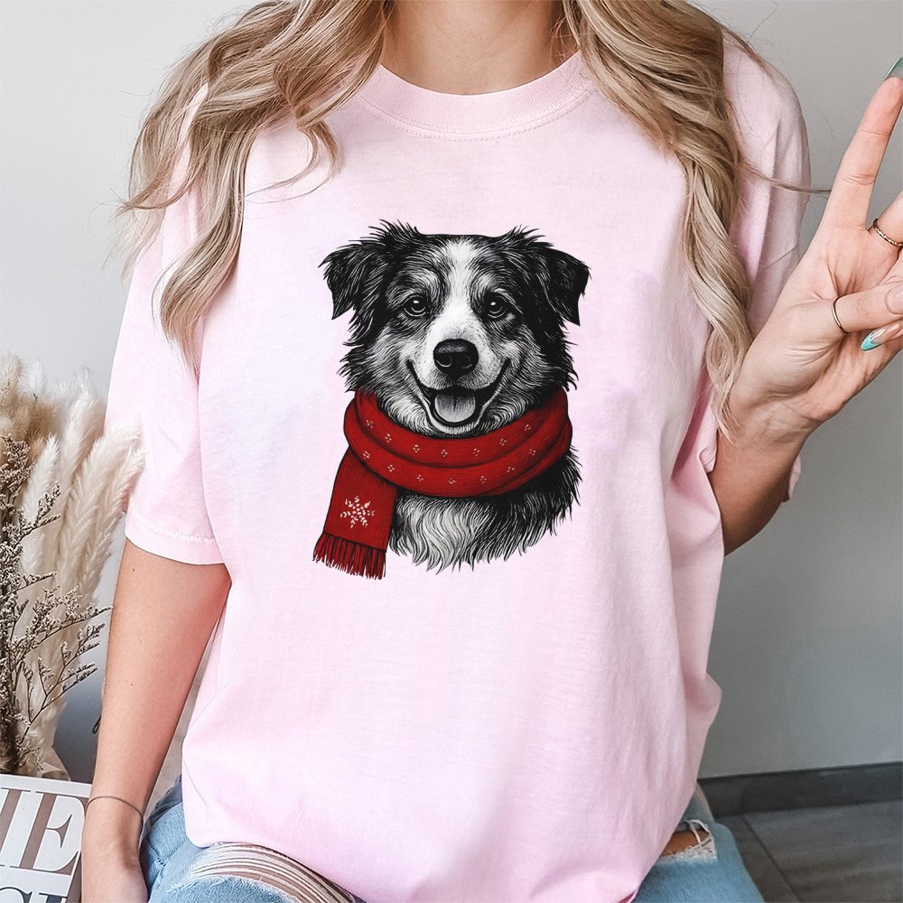Adorable Winter Scarf Dog Graphic Tee, Border Collie Christmas Dog T-Shirt, Holiday Dog Lover Shirt, Festive Puppy Xmas T-Shi