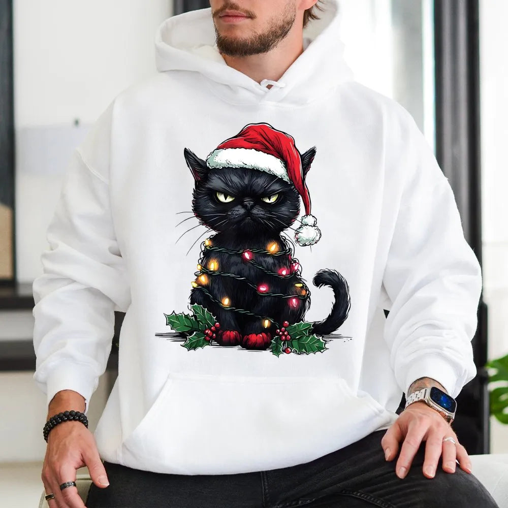 Humorous Santa Kitten Hoodie, Grumpy Black Cat Christmas Hoodie, Retro Spooky Cat Sweatshirt, Holiday Cat Lover Hooded Sweats
