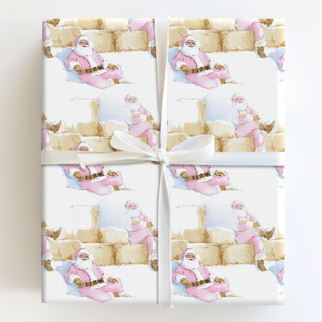 Rustic Hay Bale Christmas Gift Wrap, Pink Santa Wrapping Paper, Watercolor Country Holiday Wrapping Paper, Whimsical Western 