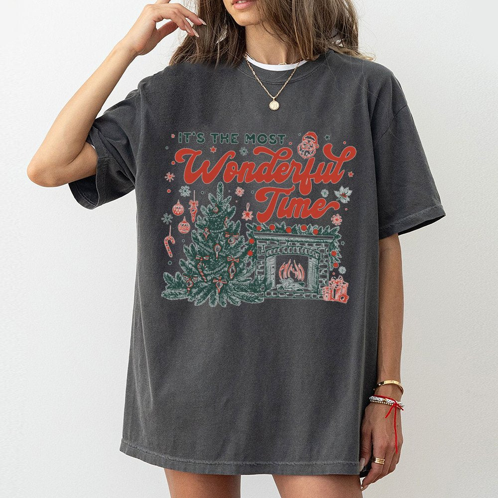 Retro Holiday Fireplace Shirt, It's the Most Wonderful Time Christmas T-Shirt, Comfy Xmas Aesthetic Tee, Festive Family Holid