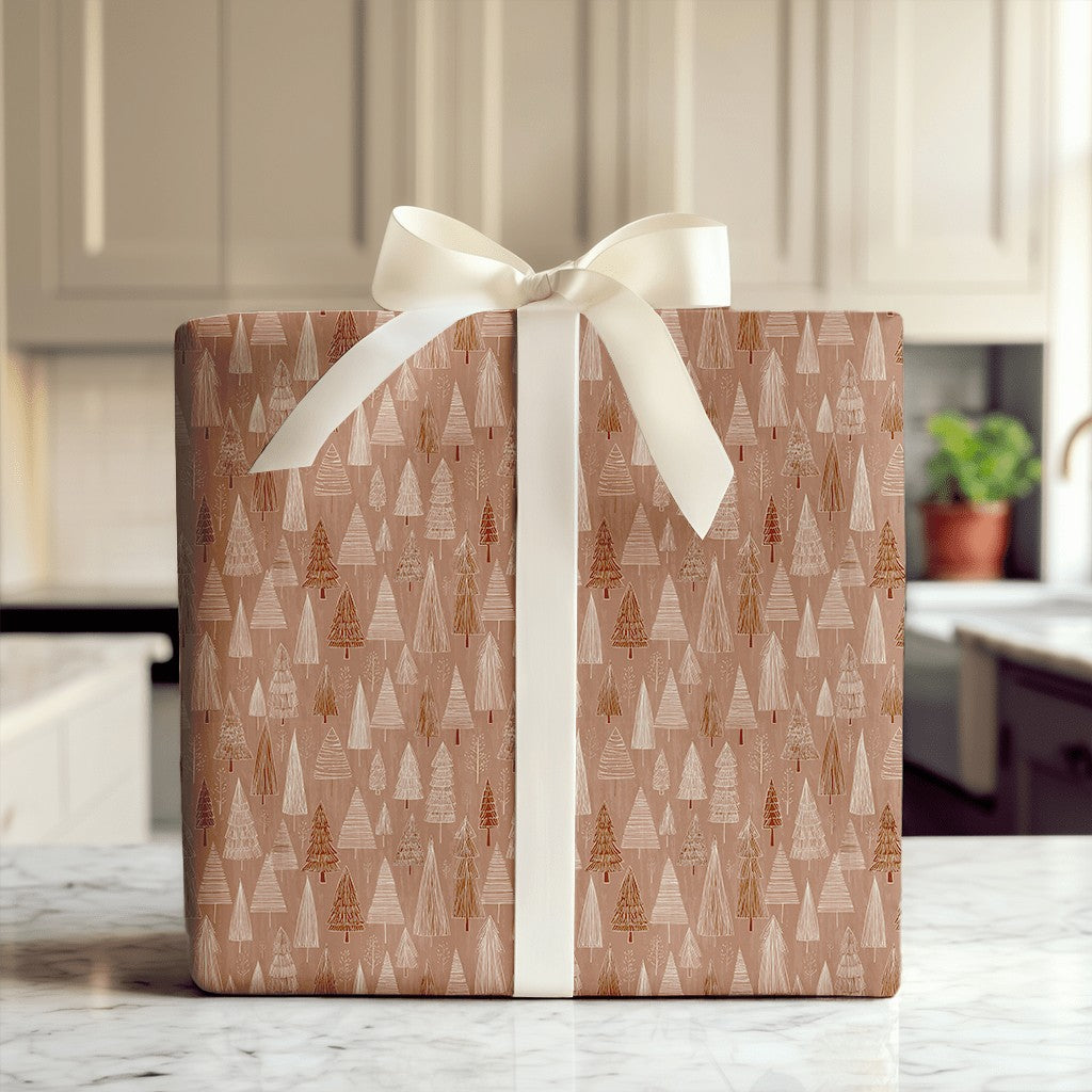 Scandinavian Forest Holiday Gift Wrap, Rustic Christmas Tree Wrapping Paper, Hand-Drawn Xmas Gift Wrap Roll, Seasonal Present