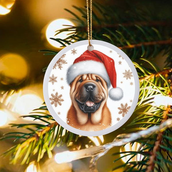 Santa Hat Shar Pei Ceramic Ornament, Shar Pei Dog Christmas Ornament, Puppy Holiday Ornament, Adorable Dog Lover Xmas Tree Ke