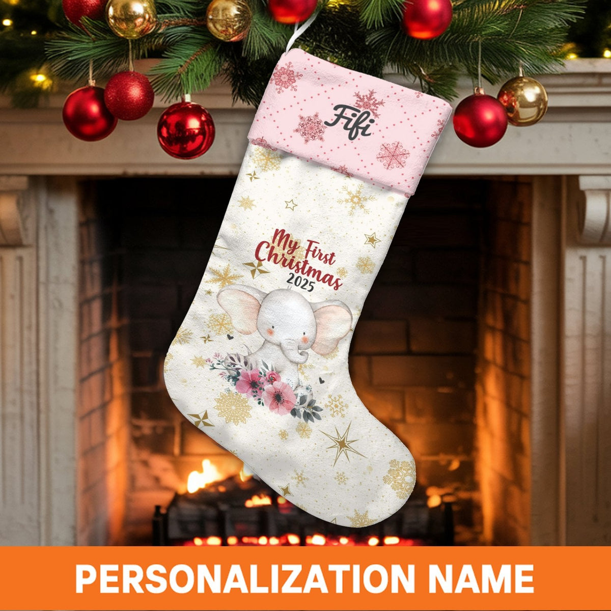 First Christmas Stocking, Personalized Baby Elephant Christmas Stocking, Floral Custom Name Holiday Stocking, Newborn Keepsak
