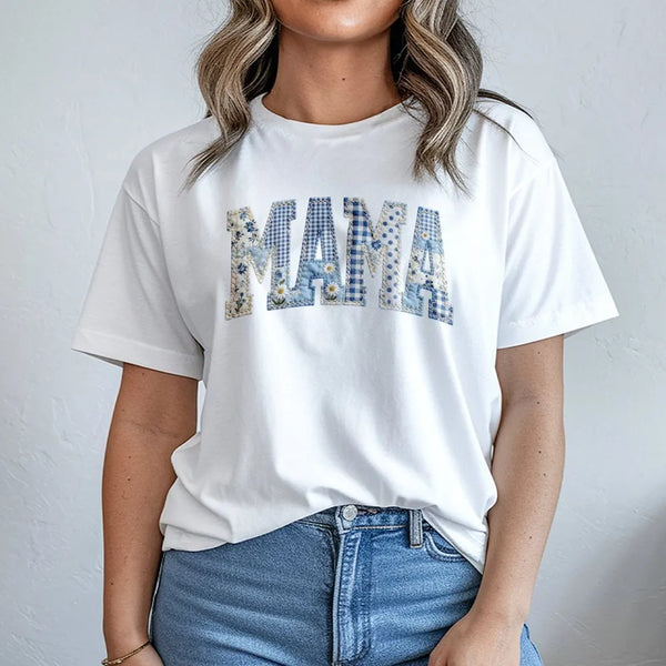 Mama T-Shirt | Blue Toile Patchwork Style Floral Print | 100% Soft Cotton | Mother's Day Gift for Mom