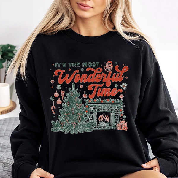 Retro Christmas Tree Sweatshirt, Most Wonderful Time Sweatshirt, Comfy Fireplace Holiday Sweatshirt, Vintage Xmas Tree Crewne