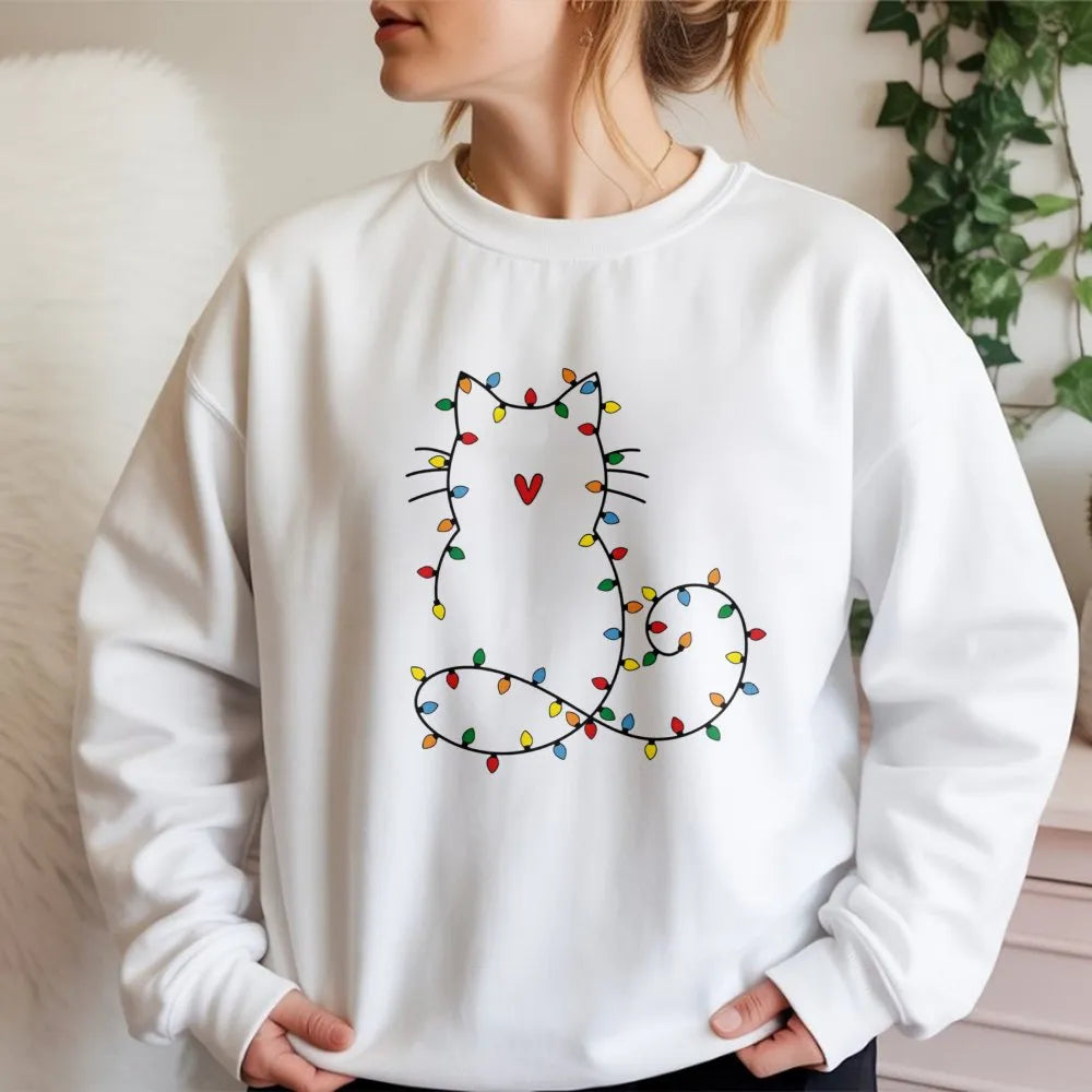 Festive Kitten Holiday Crewneck, Cat Christmas Lights Sweatshirt, Adorable Pet Lover Winter Sweater, Comfy Xmas Party Present