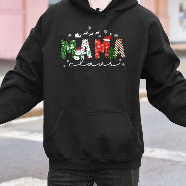 Festive Holiday Lettering Sweatshirt, Mama Claus Christmas Hoodie, Adorable Christmas Mom Graphic Pullover, Winter Holiday Pr