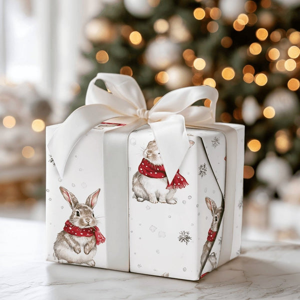 Watercolor Rabbit in Scarf Gift Wrap, Winter Bunny Wrapping Paper, Adorable Christmas Wrapping Paper, Snowy Holiday Present G